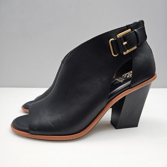 NEW Vince Camuto Fareena Ankle Bootie Women 11 Black Leather Peep Toe Block Heel - Picture 1 of 15